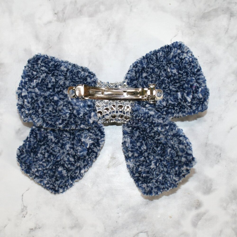 HAND CRAFTED Crochet Bow Chenille Velvet Hair Barrette Oversized Bling Blue - Picture 5 of 14